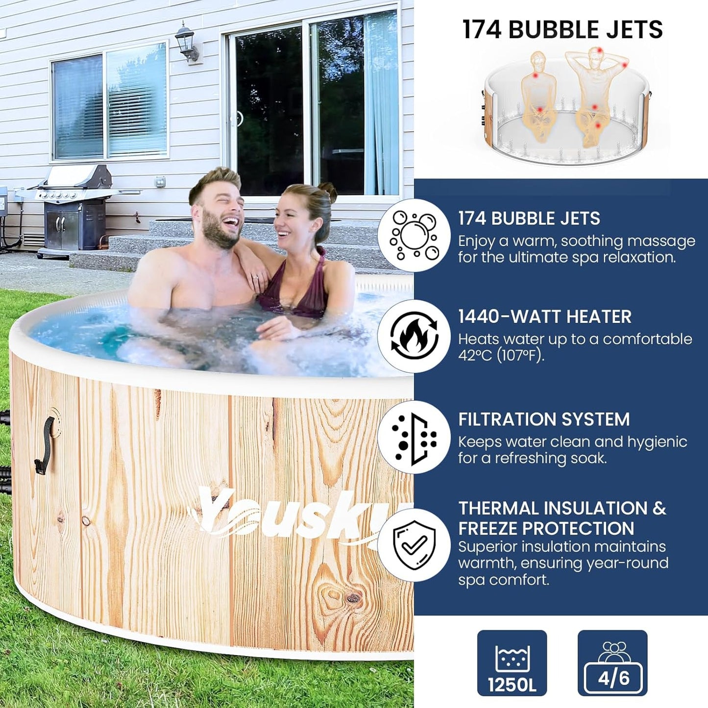 Yousky Circular Inflatable Hot Tub - Natural Wood Finish
