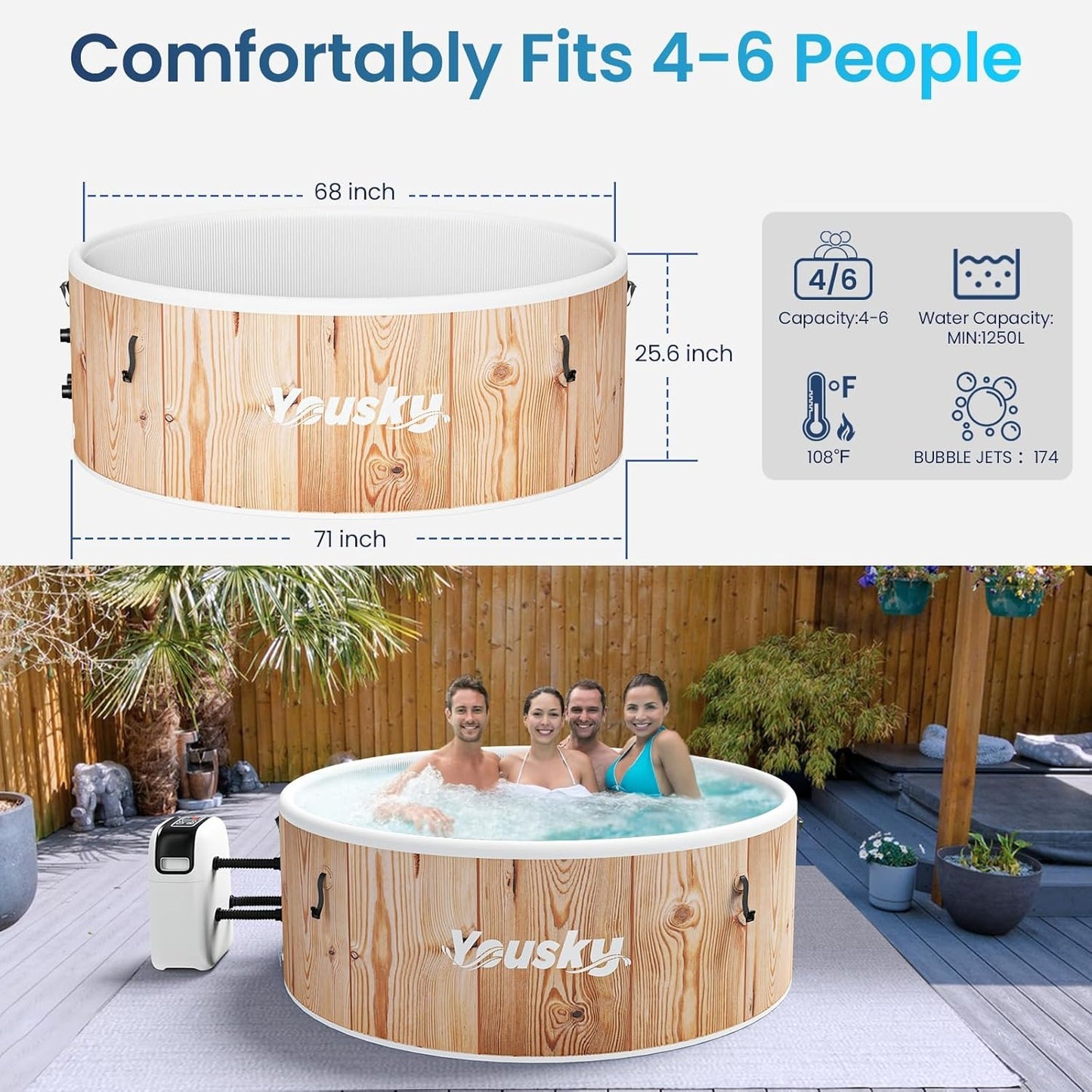 Yousky Circular Inflatable Hot Tub - Natural Wood Finish