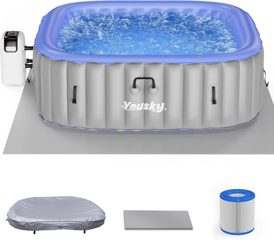 Inflatable hot tub with accessories on a white background, featuring the brand 'Yousky'.